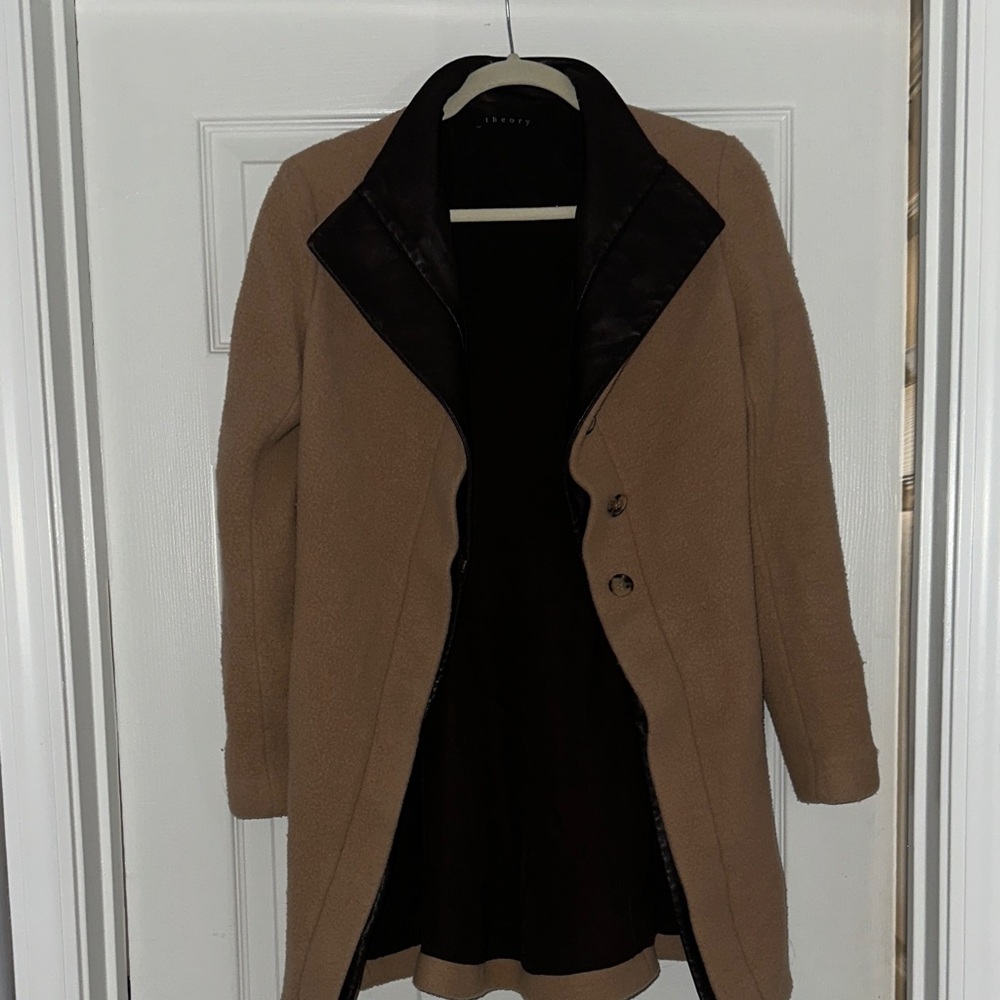 Theory Light Brown Coat with Dark Brown Pleather Edging